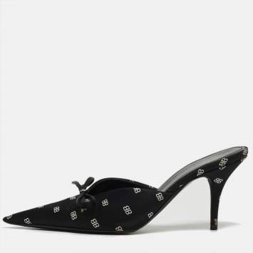 Pre Owned Balenciaga Black BB Satin Bow Knife Mules Size 37
