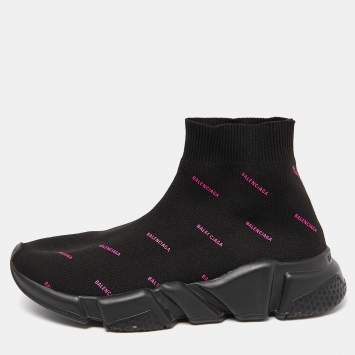 Pre Owned Balenciaga Black/Pink Logo Print Knit Fabric Speed Trainer Sneakers Size 37