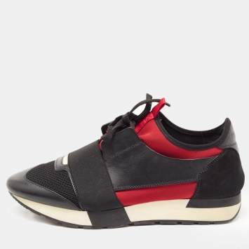 Pre Owned Balenciaga Black/Red Leather and Mesh Race Runner Low Top Sneakers Size 41