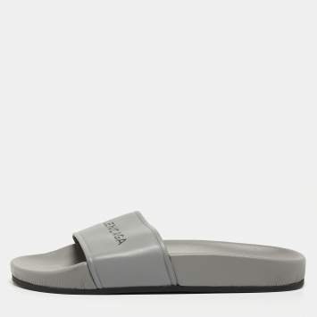 Pre Owned Balenciaga Grey Leather Logo Pool Slides Size 36