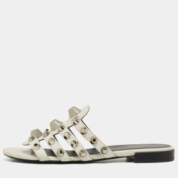 Pre Owned Balenciaga White Leather Studded Arena Flat Slides Size 38