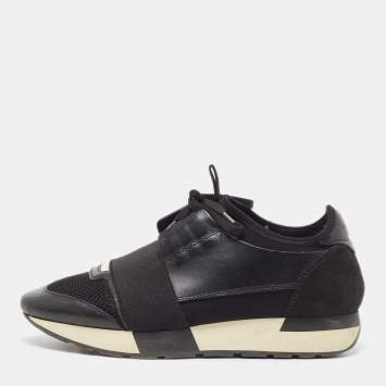 Pre Owned Balenciaga Black Suede And Leather Race Runner Low Top Sneakers Size 38