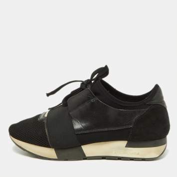 Pre Owned Balenciaga Black Leather,Suede and Mesh Race Runner Sneakers Size 39