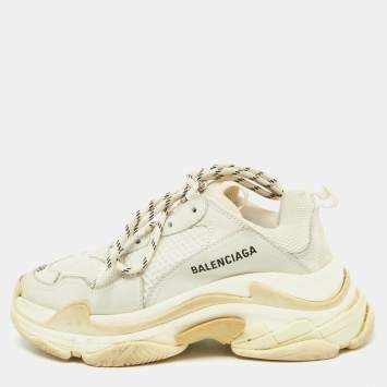 Pre Owned Balenciaga Off White Leather and Mesh Triple S Clear Sneakers Size 38