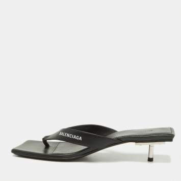 Pre Owned Balenciaga Black Leather Thong Slide Sandals Size 39