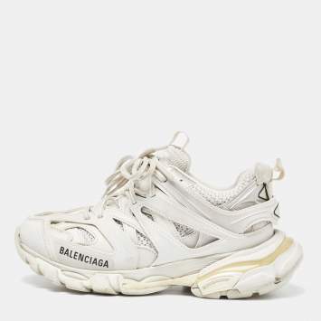 Pre Owned Balenciaga White Faux Leather and Mesh Track Sneakers Size 36