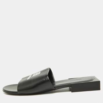 Pre Owned Balenciaga Black Leather Logo Box Flat Slides Size 38