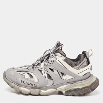 Pre Owned Balenciaga Grey/White Faux Leather and Mesh Track Sneakers Size 38
