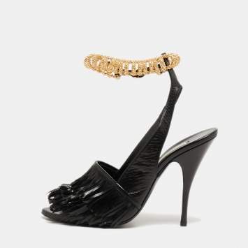 Pre Owned Balenciaga Black Fringe Leather Chain Detail Ankle Strap Sandals Size 39
