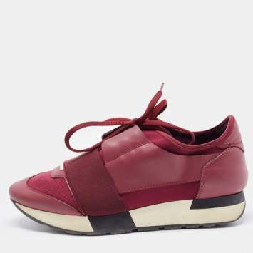 Pre Owned Balenciaga Burgundy Leather and  Mesh Race Runner Sneakers Size 37