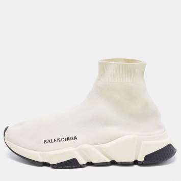 Pre Owned Balenciaga White Knit Fabric Speed High Top  Sneakers Size 38