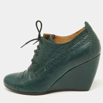 Pre Owned Balenciaga Green Brogue Leather Wedge Derby Size 37