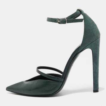 Pre Owned Balenciaga Green Leather and Suede Ankle Strap Pumps Size 38