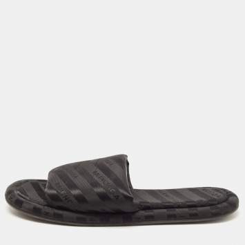 Pre Owned Balenciaga Black Logo Print Fabric Flat Slides Size 35