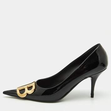 Pre Owned Balenciaga Black Patent Leather BB Knife Pumps Size 37