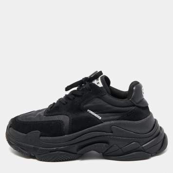 Pre Owned Balenciaga Black Nylon and Suede Triple S Sneakers Size 37
