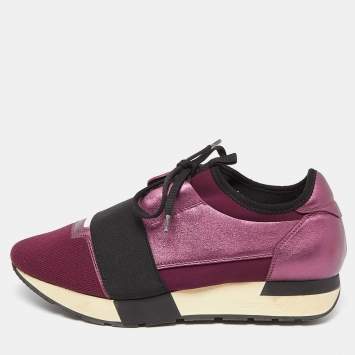 Pre Owned Balenciaga Purple Leather and Neoprene Race Runner Sneakers Size 38