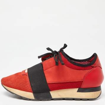 Pre Owned Balenciaga Orange Leather and Mesh Race Runner Sneakers Size 39