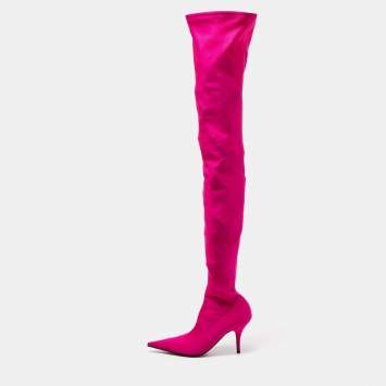 Pre Owned Balenciaga Pink Satin Knife Knee Length Boots Size 38