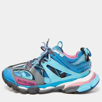 Pre Owned Balenciaga Blue Faux Leather And Mesh Track Sneakers Size 37