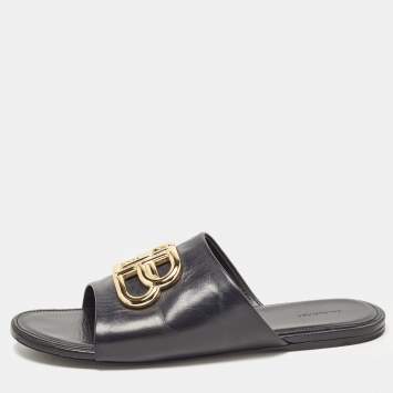 Pre Owned Balenciaga Black Leather BB Logo Embellished Flat Slides Size 38.5
