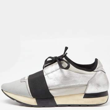 Pre Owned Balenciaga Silver/Black Leather and Knit Fabric Race Runner Sneakers Size 39