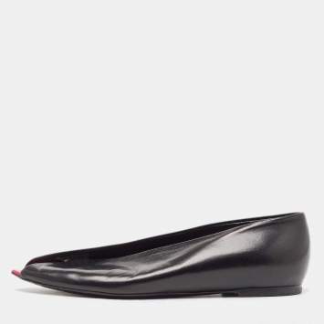 Pre Owned Balenciaga Black Leather Open Toe Ballet Flats Size 36.5