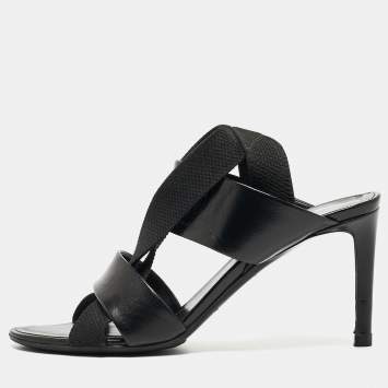 Pre Owned Balenciaga Black Leather and Elastic Strappy Slingback Sandals Size 36
