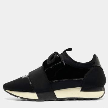 Pre Owned Balenciaga Black Patent Leather and Fabric Race Runner Sneakers Size 37
