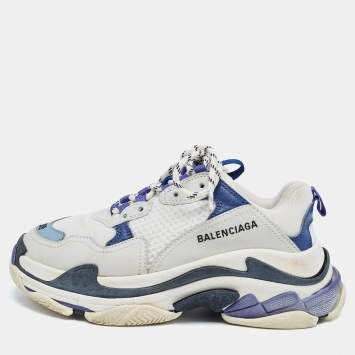 Pre Owned Balenciaga White/Blue Nubuck Leather and Mesh Triple S Sneakers Size 38