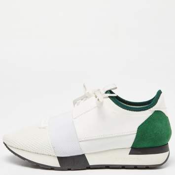 Pre Owned Balenciaga White/Green Leather and Mesh Race Runner Sneakers Size 39