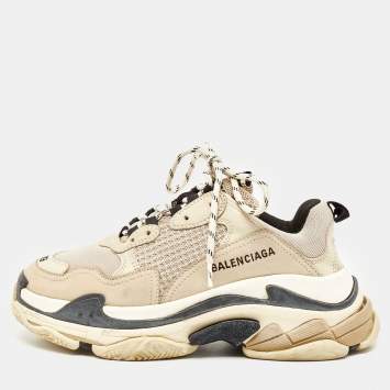 Pre Owned Balenciaga Grey Mesh and Leather Triple S Sneakers Size 39