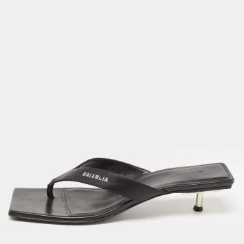 Pre Owned Balenciaga Black Leather Square Toe Thong Slide Sandals Size 39