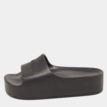 Pre Owned Balenciaga Black Rubber Pool Flat Slides Size 37