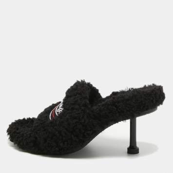 Pre Owned Balenciaga Black Faux Shearling Fur Furry Slide Sandals Size 36