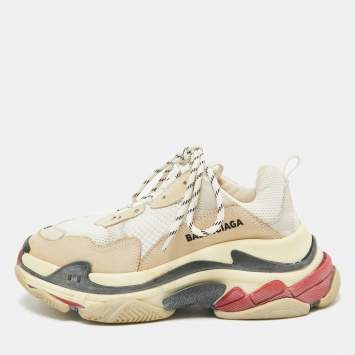 Pre Owned Balenciaga Cream/White Nubuck and Mesh Triple S Sneakers Size 39