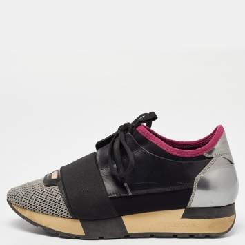 Pre Owned Balenciaga Black Leather and Mesh Race Runner Low Top Sneakers Size 36