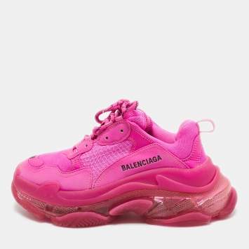 Pre Owned Balenciaga Pink Nubuck Leather and Mesh Triple S Clear Sole Sneakers Size 38