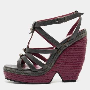 Pre Owned Balenciaga Grey Leather Ankle Strap Wedge Sandals Size 38