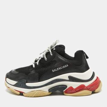 Pre Owned Balenciaga Black Mesh and Leather Triple S Low Top Sneakers Size 40