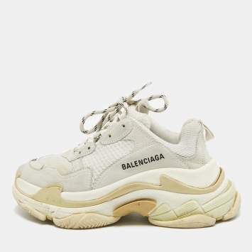 Pre Owned Balenciaga White/Grey Mesh and Leather Triple S Low Top Sneakers Size 37