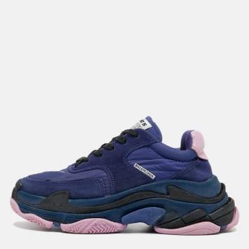 Pre Owned Balenciaga Navy Blue/Pink Suede and Nylon Triple S Sneakers Size 36