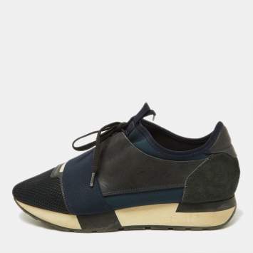 Pre Owned Balenciaga Black/Navy Blue Leather, Mesh and Suede Race Runner Sneakers Size 39
