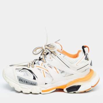 Pre Owned Balenciaga White/Black Faux Leather and Mesh Track Sneakers Size 36