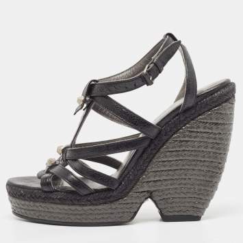 Pre Owned Balenciaga Black Leather Arena Wedge Espadrille Ankle Strap Sandals Size 40
