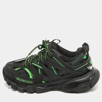 Pre Owned Balenciaga Black/Green Rubber and Mesh Track Sneakers Size 37
