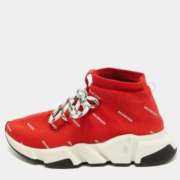 Pre Owned Balenciaga Red Knit Fabric Speed High Top Sneakers Size 36