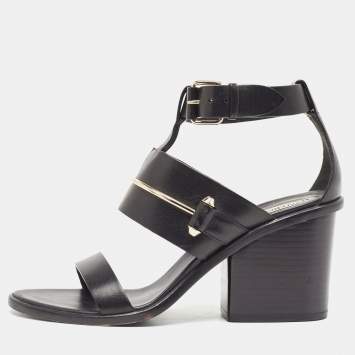 Pre Owned Balenciaga Black Leather Block Heel Ankle Strap Sandals Size 38