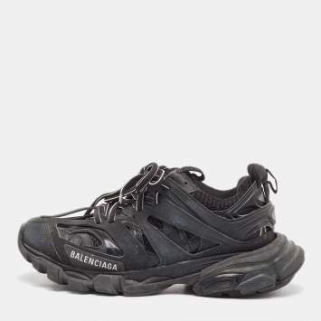Pre Owned Balenciaga Black Faux Leather and Mesh Track Sneakers Size 37