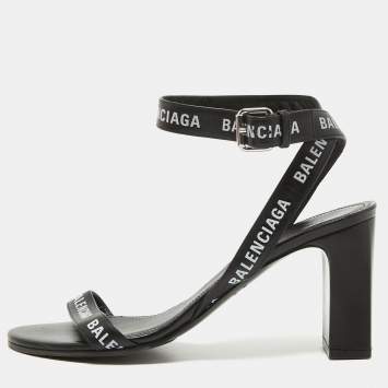 Pre Owned Balenciaga Black Logo Print Leather Ankle Strap Sandals Size 38
